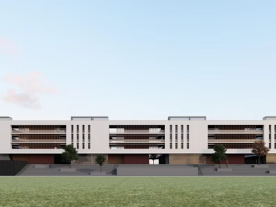 Modern Office Building With White Exterior Multiple Floors Window Design And Lawn Area 3d model