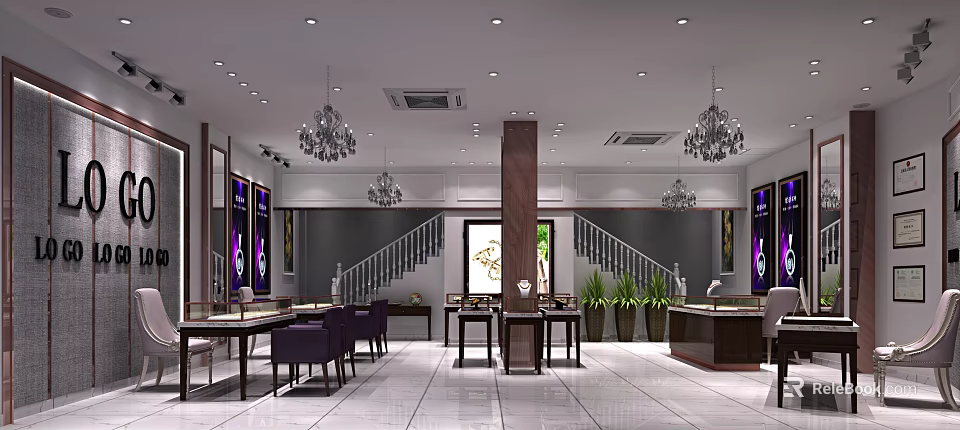 Luxurious Jewelry Store Interior Design With Display Counters Chandeliers Staircase And Plants 3d model 