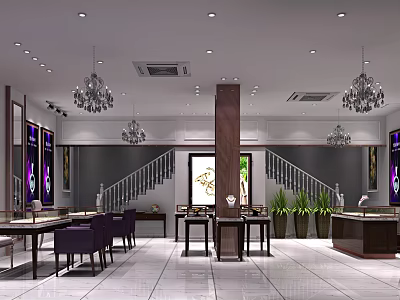 Luxurious Jewelry Store Interior Design With Display Counters Chandeliers Staircase And Plants 3d model