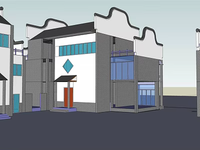 Traditional Style Commercial Complex With White Walls Blue Windows And Modern Design 3d model