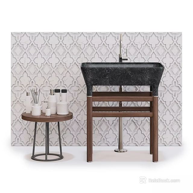 Black Washbasin on Wooden Stand with Geometric Tile Wall and Small Round Table Toiletries 3d model 