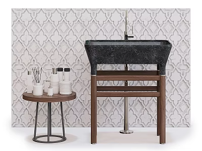 Black Washbasin on Wooden Stand with Geometric Tile Wall and Small Round Table Toiletries 3d model