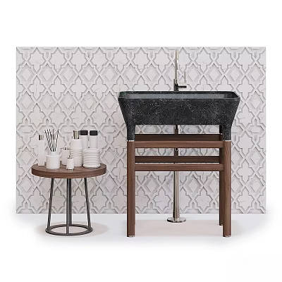 Black Washbasin on Wooden Stand with Geometric Tile Wall and Small Round Table Toiletries 3d model