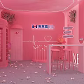 Pink Public Office Space With Neon Lights Phone Booth Tables And Flower Petals