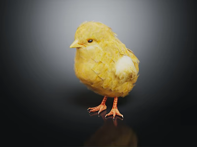 Adorable Yellow Baby Chick with Soft Feathers Standing on Black Surface with Reflection 3d model