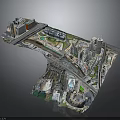 Modern Cars Moving Through Urban 3D Model City With Roads And Buildings