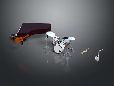 Various Types Of Musical Instruments Display Including Piano Guitar Drum Set Trumpet And Saxophone 3d model
