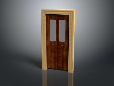 Natural Wooden Double Door With Light Frame And Glass Panels Interior 3d model