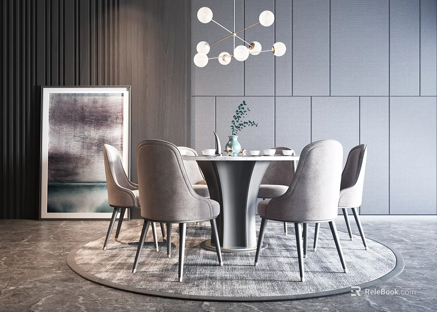 Modern Dining Set With Round Table Gray Chairs Chandelier Rug And Painting On Gray Walls 3d model 