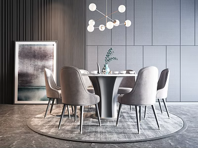 Modern Dining Set With Round Table Gray Chairs Chandelier Rug And Painting On Gray Walls 3d model