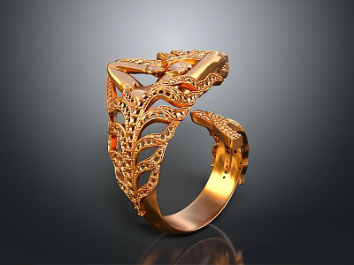 Exquisite Gold Ring With Curved Band Featuring Intricate Filigree Design And Hollow Patterns 3d model