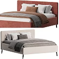 Stylish Double Beds With Red And Beige Frames Decorative Pillows And Soft Blankets 3d model