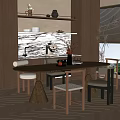 Modern Wooden Dining Table Set With Matching Chairs Stools And Marble Backdrop 3d model