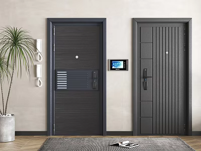 Two Modern Dark Security Doors With Ventilation Grille Vertical Stripes And Doorbell Device In Interior 3d model