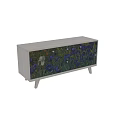Dark Wooden TV Stand With Colorful Iris Flower Artwork On Front Panel