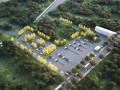 Parking Lot With Parked Vehicles Surrounded By Green Trees And Greenery 3d model