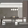 Modern Tea Room With Wooden Elements Grid Backdrop Pendant Lights Green Plant And Tea Set