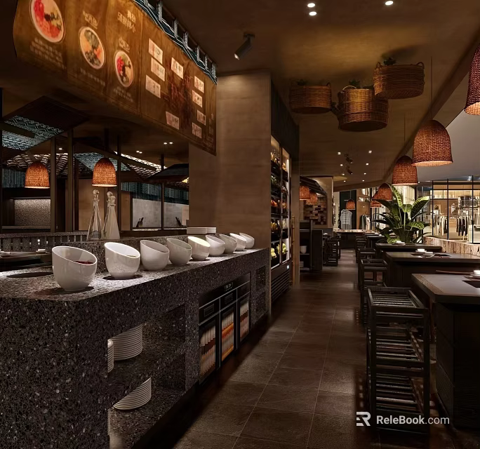 Traditional Chinese Hotpot Restaurant Interior With Lantern Lights Wooden Tables And Condiment Bar 3d model 