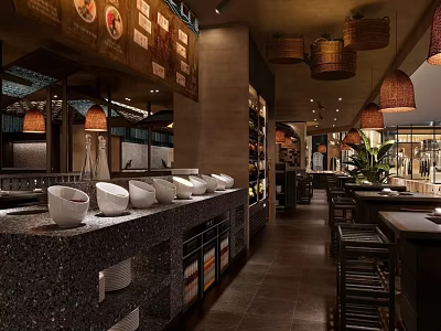 Traditional Chinese Hotpot Restaurant Interior With Lantern Lights Wooden Tables And Condiment Bar 3d model
