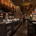 Traditional Chinese Hotpot Restaurant Interior With Lantern Lights Wooden Tables And Condiment Bar