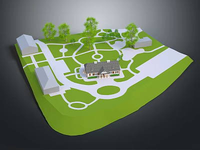 Residential Gate in a Landscaped Area With House Green Lawns Trees and Pathways 3d model