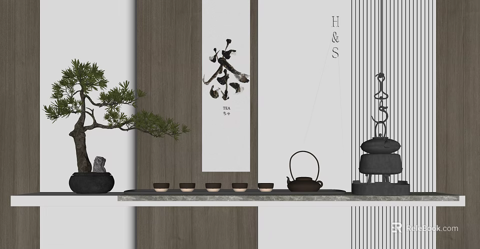 Traditional Tea Set with Teapot Cups Bonsai Tree Stone Lantern and Calligraphy 3d model 