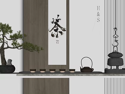 Traditional Tea Set with Teapot Cups Bonsai Tree Stone Lantern and Calligraphy 3d model