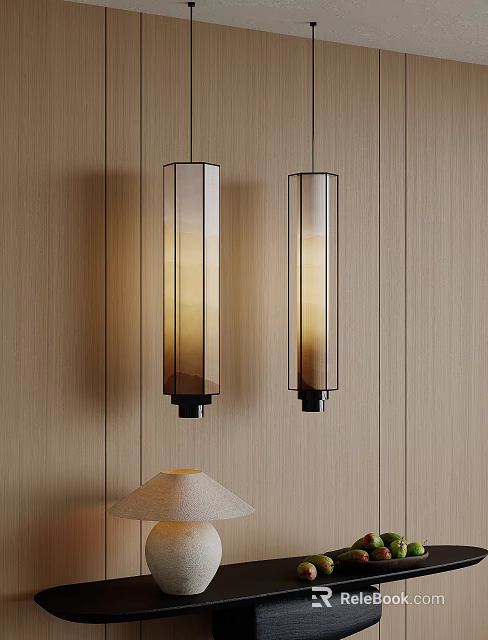 Cylindrical Glass Pendant Lights With Warm Yellow Light On Wooden Wall 3d model 