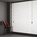 White Horizontal Blinds in Modern Interior with Red Chair Gray Wall and Window