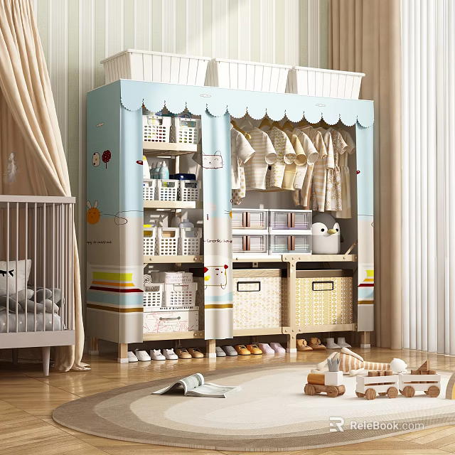 Light Blue Cartoon Patterned Shoe Cabinet in Nursery Room with Storage Baskets and Baby Clothes 3d model 