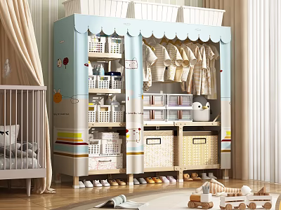Light Blue Cartoon Patterned Shoe Cabinet in Nursery Room with Storage Baskets and Baby Clothes 3d model
