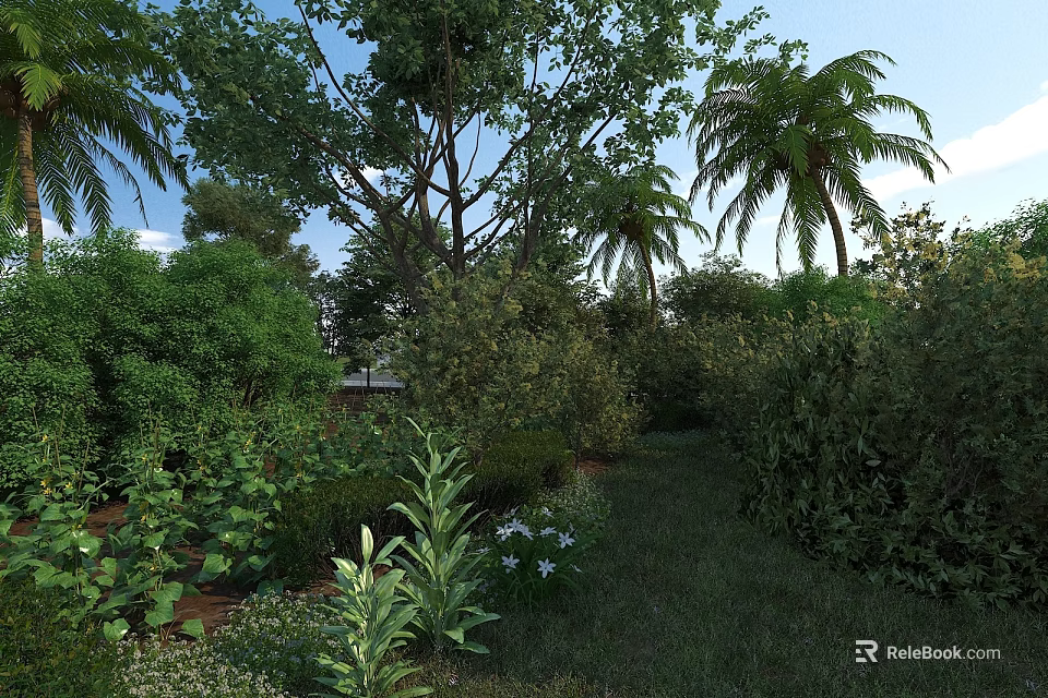 Diverse Crops Growing in Lush Garden with Green Plants Trees and Grass 3d model 