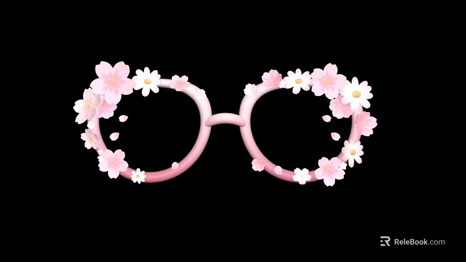 Art Installation Pink Glasses Frame Decorated With Sakura Daisy Flowers And Falling Petals 3d model 