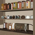 Traditional Chinese Tea Set Collection With Ceramic Teapots And Tea Caddies On Wooden Shelf