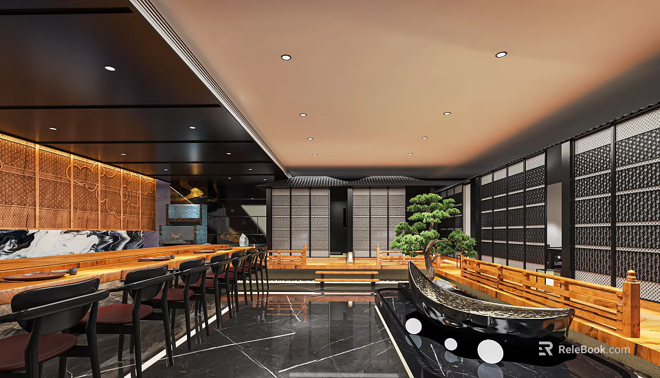Japanese Style Restaurant Interior With Wooden Bar Counter Green Plants And Boat Shaped Decor 3d model 
