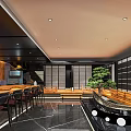 Japanese Style Restaurant Interior With Wooden Bar Counter Green Plants And Boat Shaped Decor