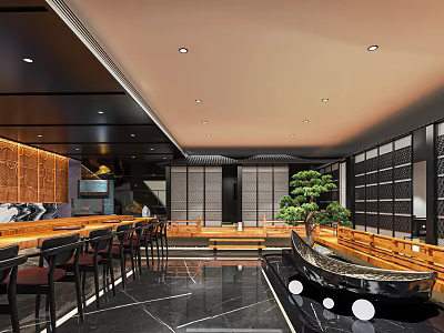 Japanese Style Restaurant Interior With Wooden Bar Counter Green Plants And Boat Shaped Decor 3d model