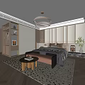 Elegant Modern Bedroom Interior With Chandelier Wooden Flooring Green Plant And Area Rug
