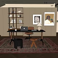 Middle Ancient Style Study Desk and Chair Hanging Paintings Table Lamp 3d model