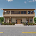 Two Story Boutique Guesthouse Exterior With Large Windows People Sitting And Greenery