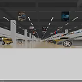 Modern Car Showroom Interior With Green Floor Multiple Cars Striped Ceiling And Billboards