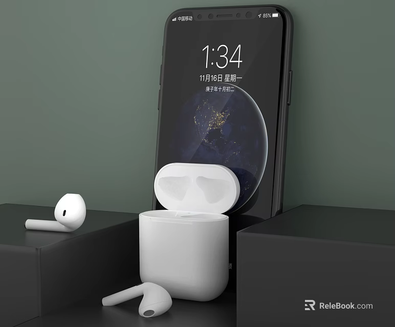 White Wireless Bluetooth Earbuds With Charging Case And Mobile Phone Showing Time And Earth 3d model 