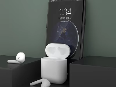 White Wireless Bluetooth Earbuds With Charging Case And Mobile Phone Showing Time And Earth 3d model