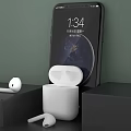 White Wireless Bluetooth Earbuds With Charging Case And Mobile Phone Showing Time And Earth