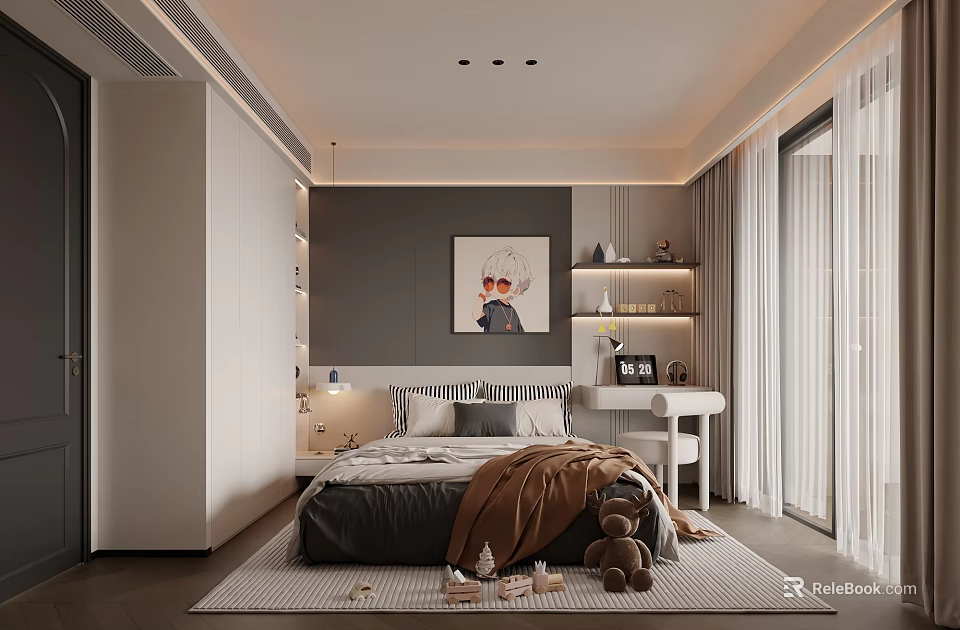 Cozy Kids Room Interior With Bed Pillows Teddy Bear Desk Shelves Wall Art And Rug 3d model 