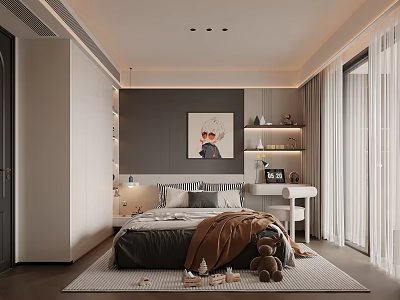 Cozy Kids Room Interior With Bed Pillows Teddy Bear Desk Shelves Wall Art And Rug 3d model