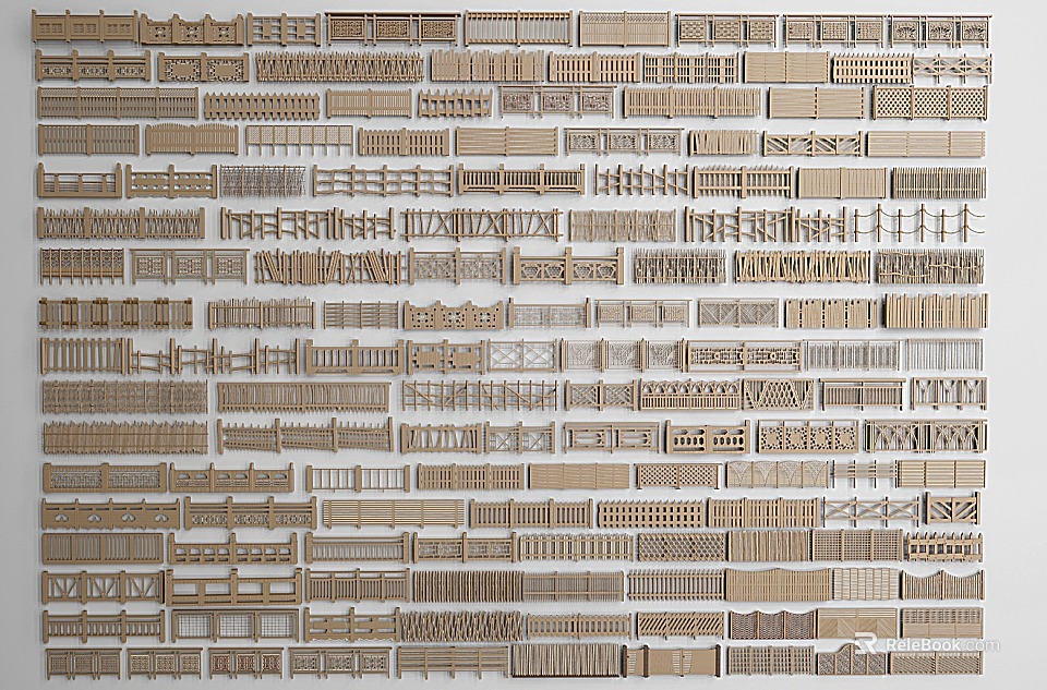 Various Decorative Fence Designs with Wooden Grill Patterns and Panel Styles 3d model 