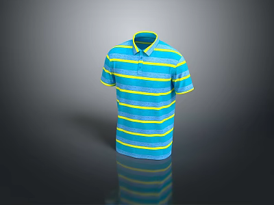Blue And Yellow Striped Short Sleeve Polo Shirt With Collared Design And Knitted Fabric 3d model