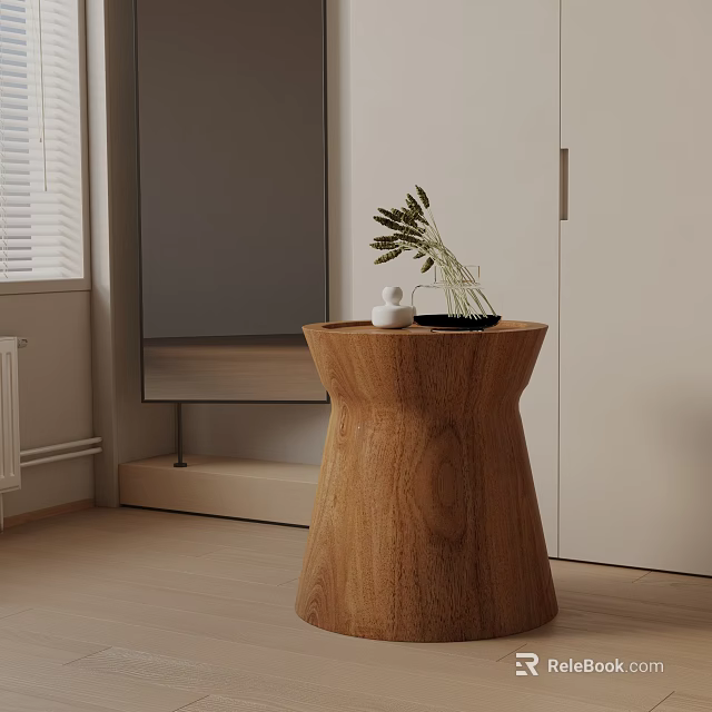 Wooden Round Side Table With Vase And Small Decor In Modern Living Room Interior 3d model 