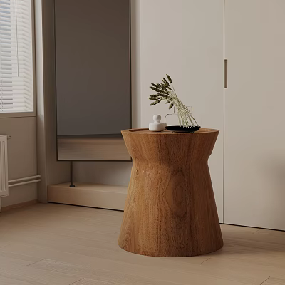 Wooden Round Side Table With Vase And Small Decor In Modern Living Room Interior 3d model
